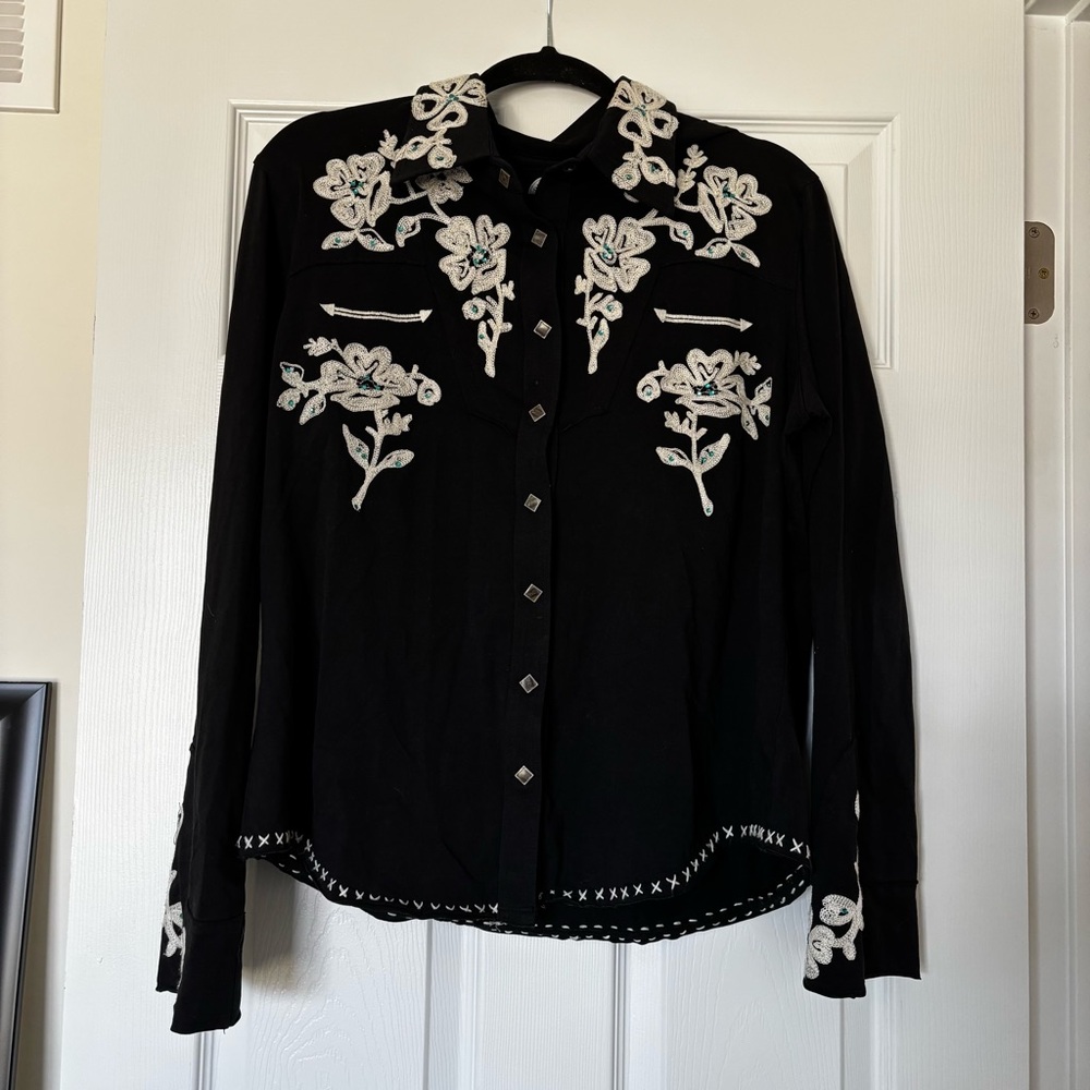 Double D Ranch black embroidered button down long sleeve shirt sz XL